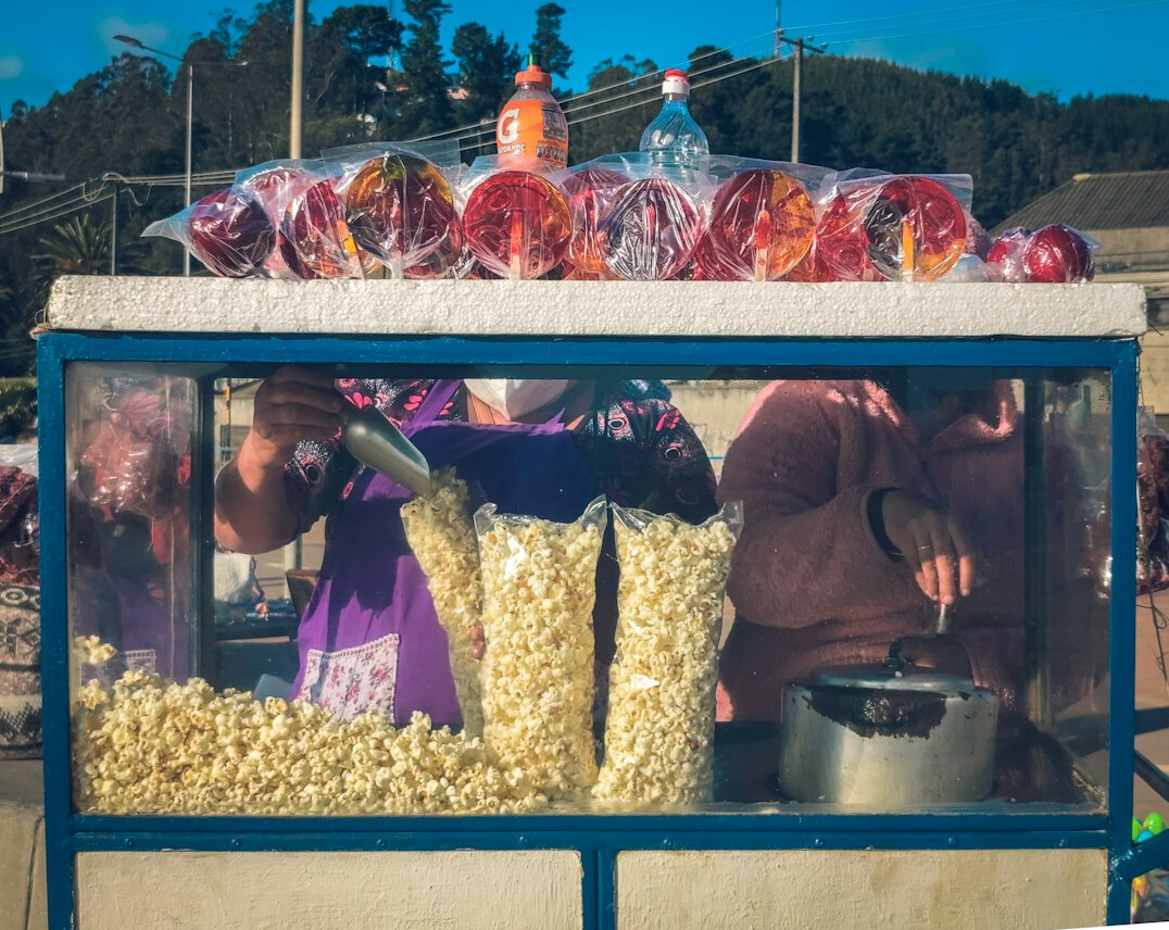 Street food vendor preparing food at a cart in Chile