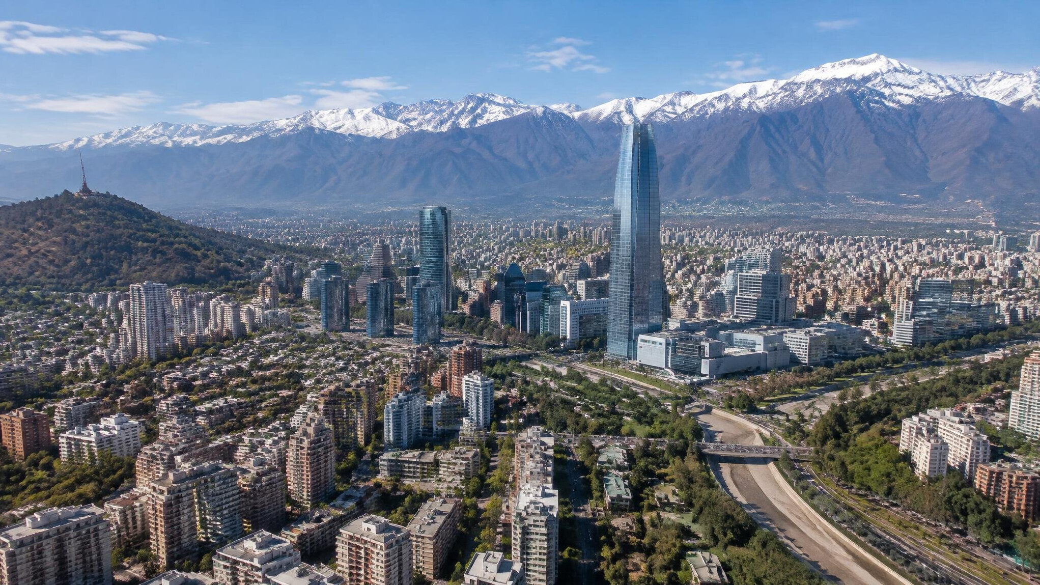 Aerial view of Santiago cityscape with Andes mountains in the background