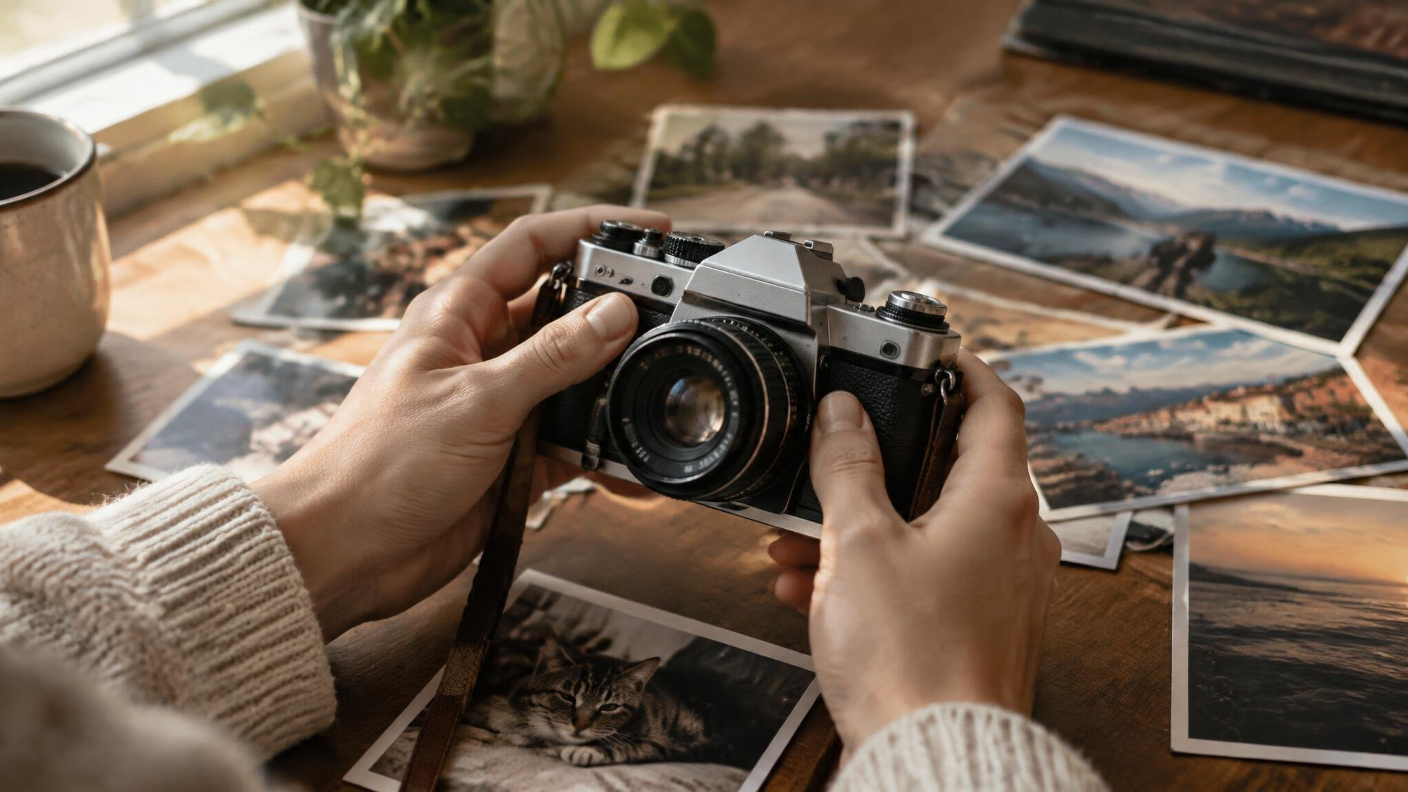 Close-up of hands holding a vintage film camera and photo prints