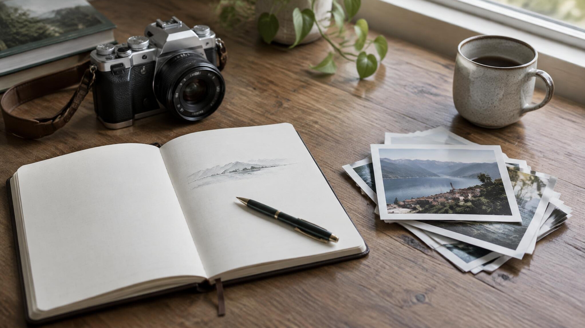 Desk with a camera, notebook and printed photographs